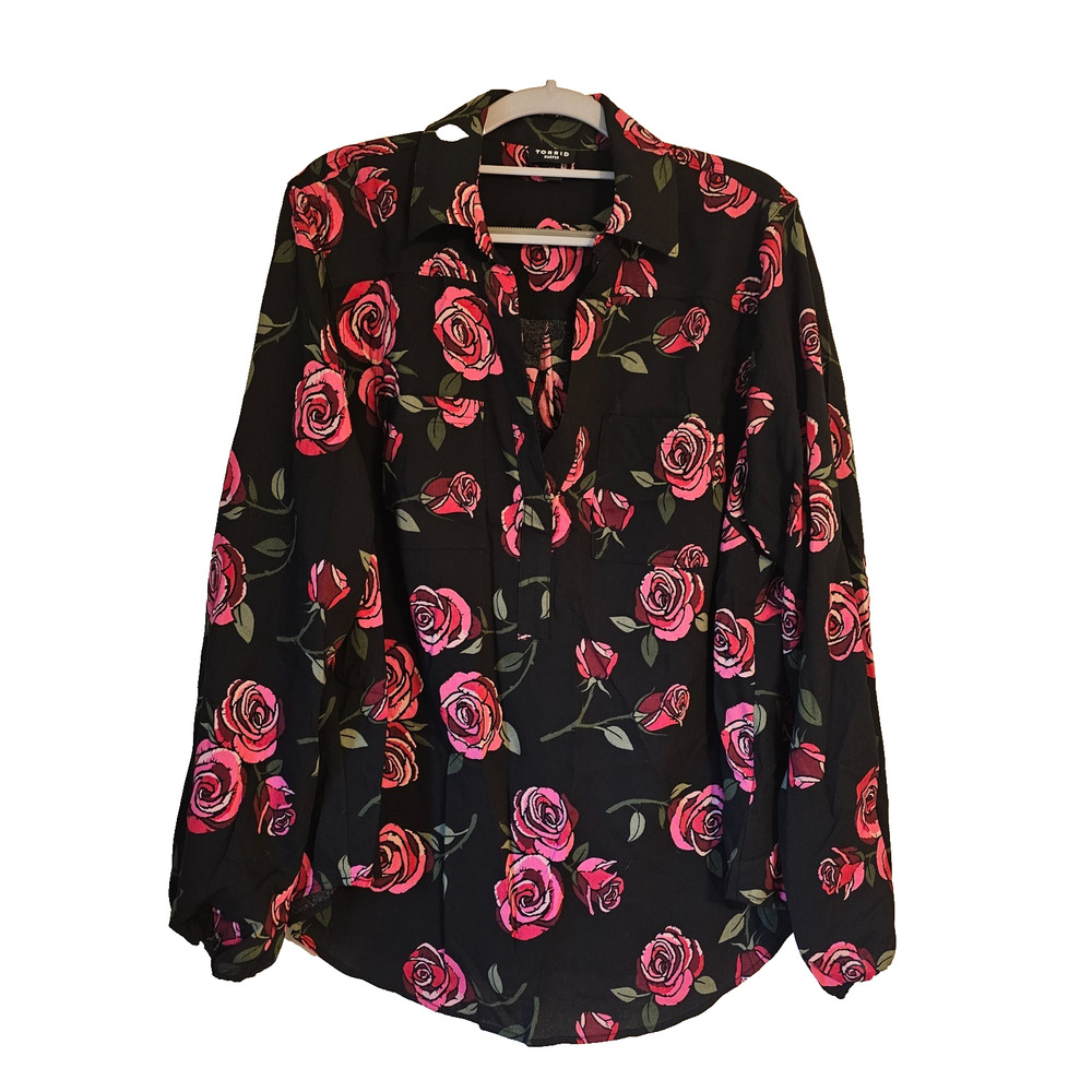 Torrid Harper Floral Blouse Womens Plus 00 L Black Pink Rose Long Sleeve Shirt